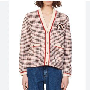 Sandro Rizee Red White Tweed Houndstooth Cardigan sweater size 1